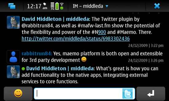 Twitter Plugin for Contacts and Conversations for Nokia N900 / Maemo 5